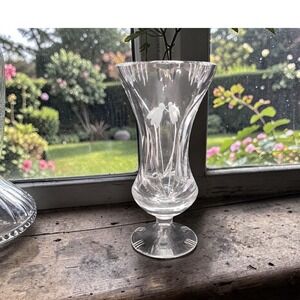 Floral Etched Cut Crystal Vase, Footed Low Stem Vessel, Replacement Centerpiece
